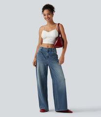 Halara Flex™ Mid Rise Washed Baggy Wide Leg Casual Jeans with Pockets