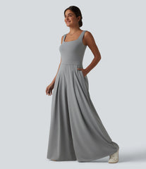 Square Neck Baggy Casual Jumpsuit with Pockets-Easy Peezy Edition