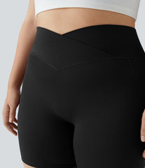 SoftlyZero™ High Waisted Crossover Pocket Yoga Plus Size Biker Shorts 7"-UPF50+