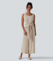 Scoop Neck Sleeveless Tie-front Casual Linen-Feel Jumpsuit with Pockets-Easy Peezy