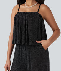 Ruffle Hem Sleeveless Sparkle Stripe Casual Jumpsuit with Pockets-Easy Peezy