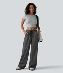 Halara Flex™ Low Rise Drawstring Wide Leg Silver Shine Casual Sweatpants Jeans with Pockets