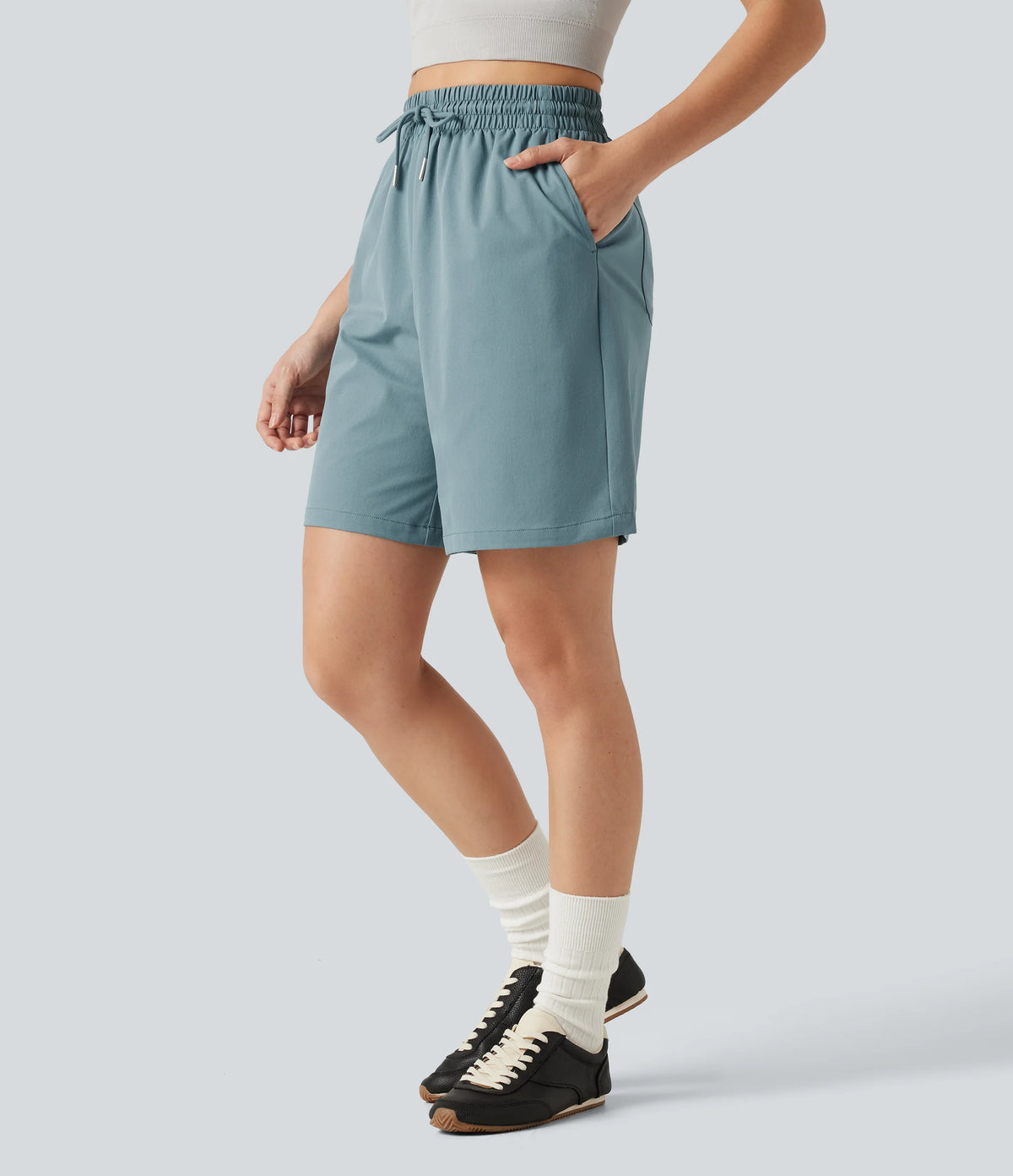 High Waisted Drawstring Bermuda Stretchy Poplin Workout Shorts 7'' with Pockets