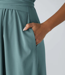 Breezeful™ V Neck Short Sleeve Pocket Tie Back Quick Dry Midi Casual Dress-Longer Length