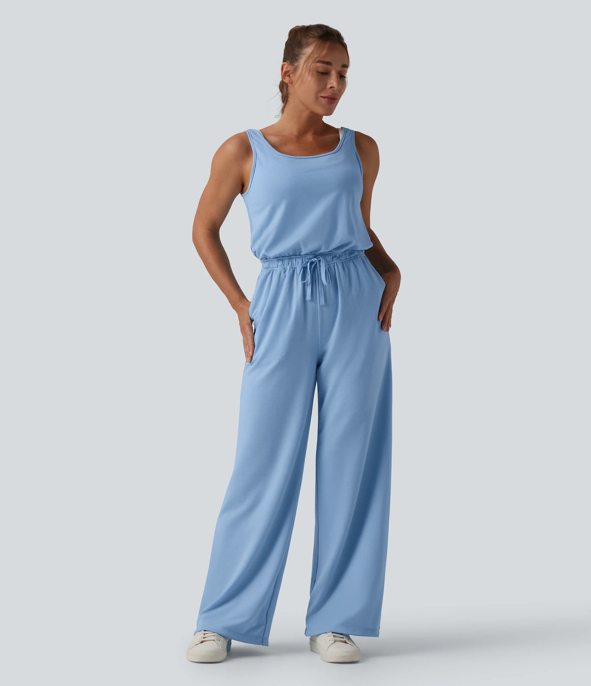 U Neck Scoop Back Drawstring Casual Jumpsuit with Pockets
