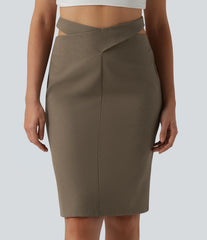 High Waisted Tie Back Knee Length Casual Linen-Blend Pencil Skirt