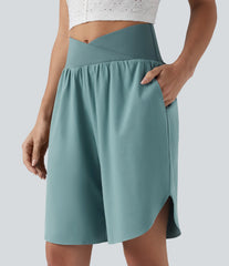 Breezeful™ High Waisted Crossover Curved Hem Quick Dry Shorts with Pockets