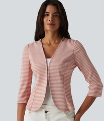 Ribbed Knit V Neck Open Front 3/4 Sleeve Stripe Casual Blazer