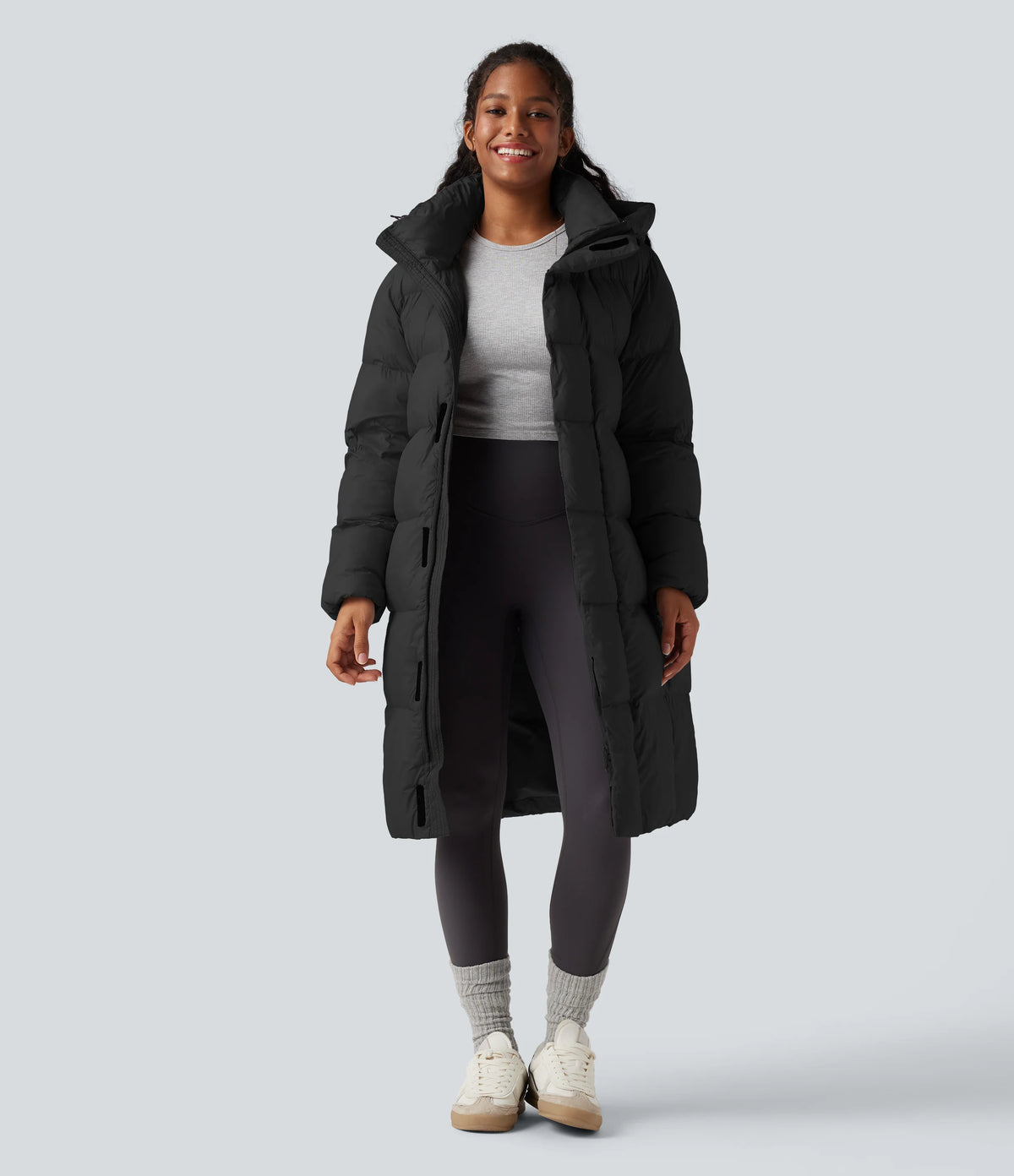 Hooded Long Sleeve Zipper Longline Casual Puffer Jacket with Pockets