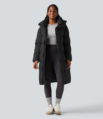 Hooded Long Sleeve Zipper Longline Casual Puffer Jacket with Pockets