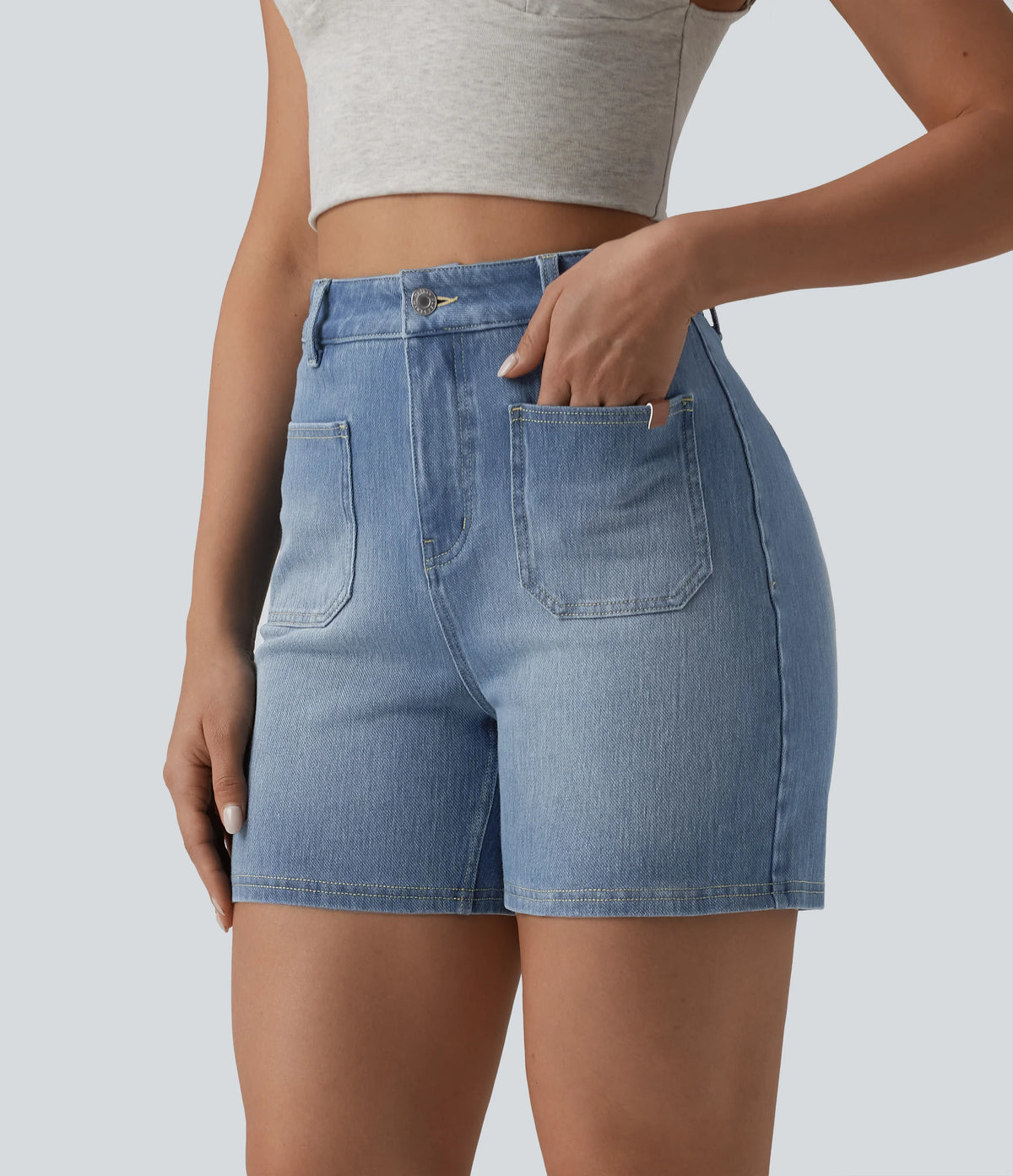 Halara Flex™ High Waisted Washed Denim Casual Shorts 4'' with Pockets