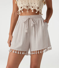 High Waisted Drawstring Fringe hem Resort Linen-Blend Baggy Shorts with Pockets