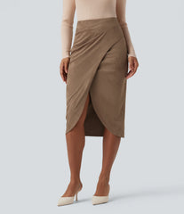 High Waisted Suede Tulip Hem Midi Casual Skirt