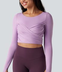 Push-Up Molded Spacer Scoop Neck Long Sleeve Thumb Holes Crossover Cropped Yoga Sports Top