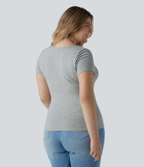 Halara Cotton Jersey Square Neck Short Sleeve Ultra-slim Heathered Casual Plus Size T-Shirt
