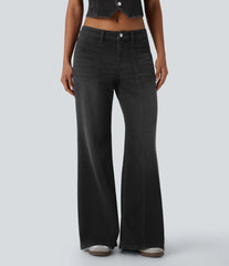 Halara Flex™ Low Rise Zipper Pockets Baggy Wide Leg Flare Washed Casual Jeans