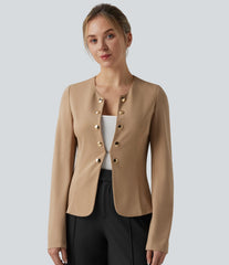 Round Neck Decorative Button Pleated Hem Work Blazer