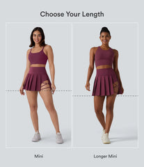 Breezeful™ High Waisted Pleated 2-in-1 Asymmetric Hem Quick Dry Mini Dance Skirt with Pockets-Longer Length