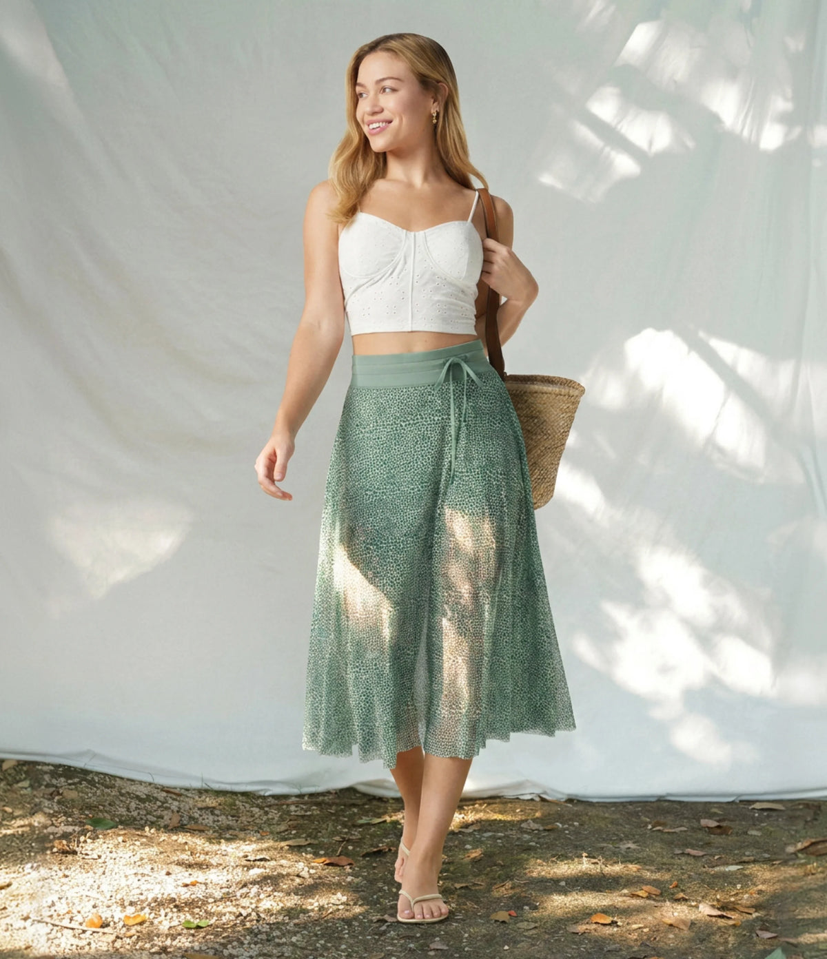 High Waisted Drawstring Leopard Print Contrast Mesh 2-in-1 Flowy Midi Flare Resort Skirt with Pockets