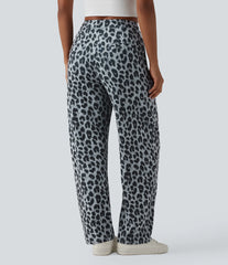 Asymmetric Mid Rise Barrel Leg Leopard Print Waffle Work Pants with Pockets