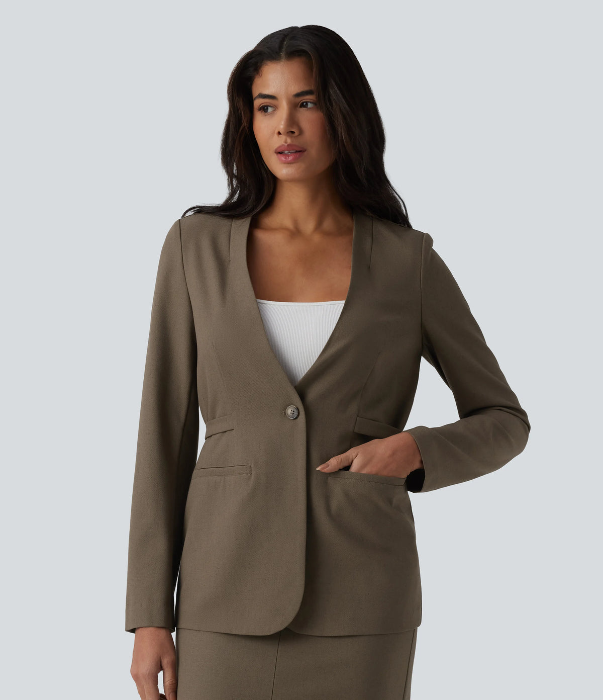 Long Sleeve Work Linen-Blend Blazer with Pockets