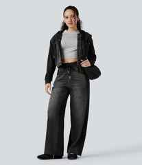 Halara Flex™ High-waisted Drawstring Color Block Casual Wide-leg Sweatpants Jeans with Pockets
