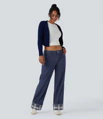 Halara Flex™ Low Rise Contrast Plaid Rolled Hem Wide Leg Casual Jeans with Pockets