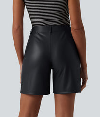 High Waisted Stretchy PU Casual Bermuda Shorts with Pockets