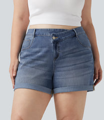 Plus Size Halara Flex™ Asymmetric High Waisted Rolled Hem Washed Denim Casual Shorts with Pockets