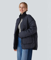 High Neck Zipper Long Sleeve Casual Quilted Jacket with Pockets