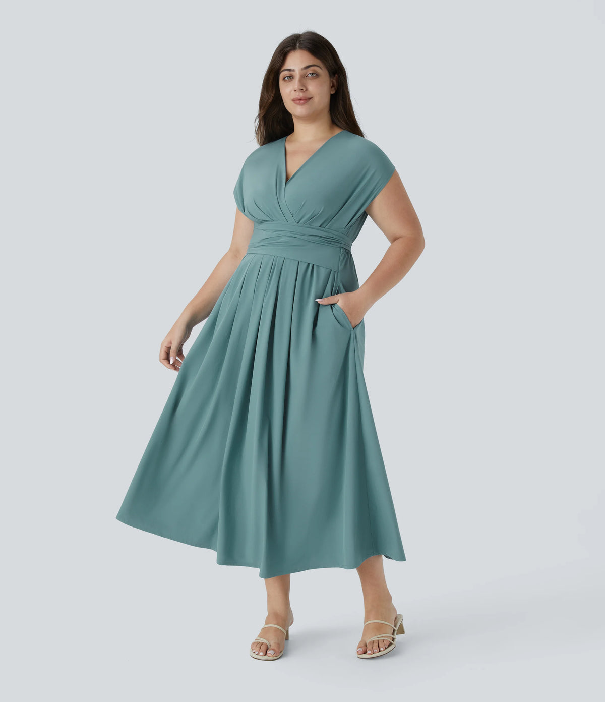 Breezeful™ V Neck Short Sleeve Pocket Tie Back Quick Dry Midi Casual Plus Size Dress