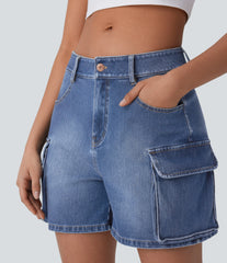 Halara Flex™ Low Rise Pockets Washed Denim Casual Cargo Shorts