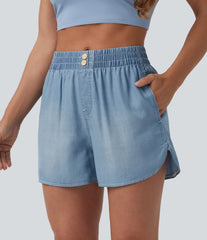 Mid Rise Draped Denim Casual Shorts 3.5'' with Pockets