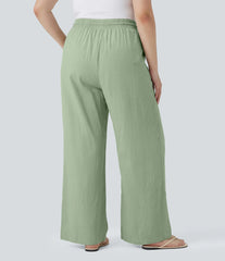 Plus Size High Waisted Drawstring Wide Leg Casual Linen-Blend Pants with Pockets