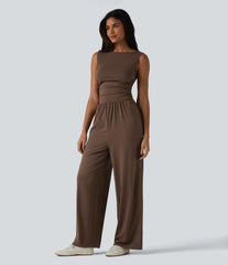 Boat Neck Sleeveless Ruched Wide Leg Casual Jumpsuit with Pockets-Easy Peezy Edition
