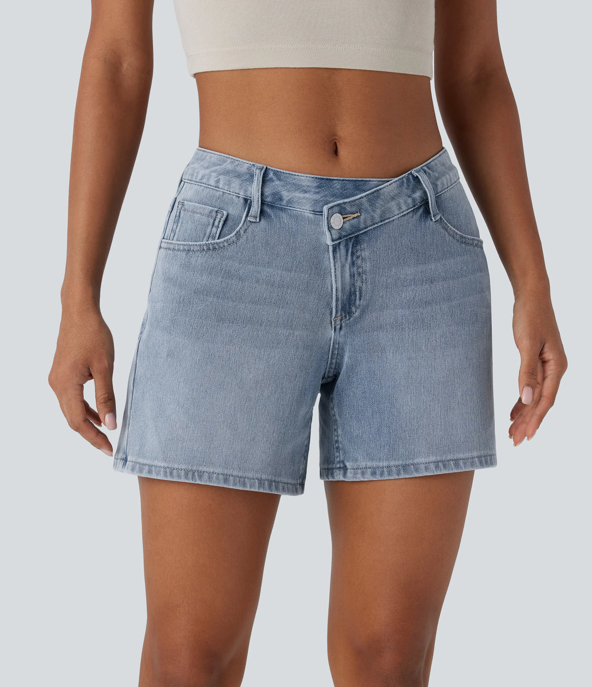 Halara Flex™ Asymmetric Low Rise Pockets Washed Denim Casual Shorts