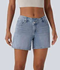 Halara Flex™ Asymmetric Low Rise Pockets Washed Denim Casual Shorts