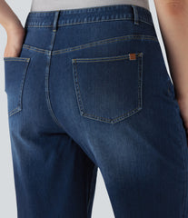 Plus Size Halara Flex™ High Waisted Wide Leg Rolled Hem Washed Stretchy Knit Casual Jeans with Pockets