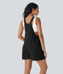 Knot Strap Decorative Pockets Waffle Short Overalls