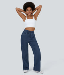 Halara Flex™ High Waisted Drawstring Pocket Cool Touch Breathable Washed Stretchy Knit Wide Leg Casual Sweatpants Jeans