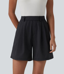 High Waisted Pleated Stripes Work Shorts with Pockets