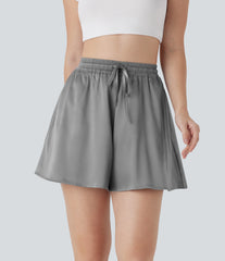 High Waisted Drawstring Pocket Loose Satin Casual Shorts