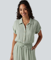 Short Sleeve Drawstring Baggy Casual Linen-Feel Jumpsuit with Pockets