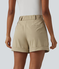 High Waisted Pleated Rolled Hem Stretchy Poplin Work Baggy Shorts with Pockets