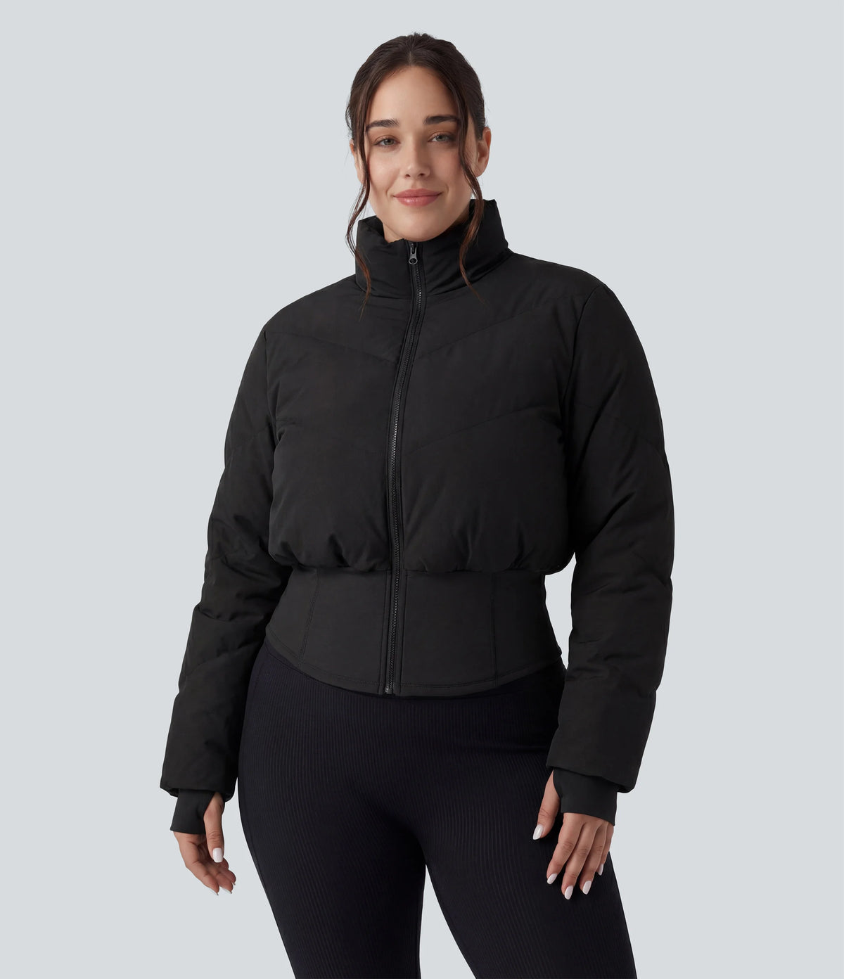 PuffFlex Plus Size 3-in-1 Stand Collar Casual Cropped Puffer Coat & Thumb Holes Curved Hem Jacket with Pockets