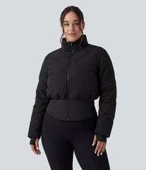 PuffFlex Plus Size 3-in-1 Stand Collar Casual Cropped Puffer Coat & Thumb Holes Curved Hem Jacket with Pockets