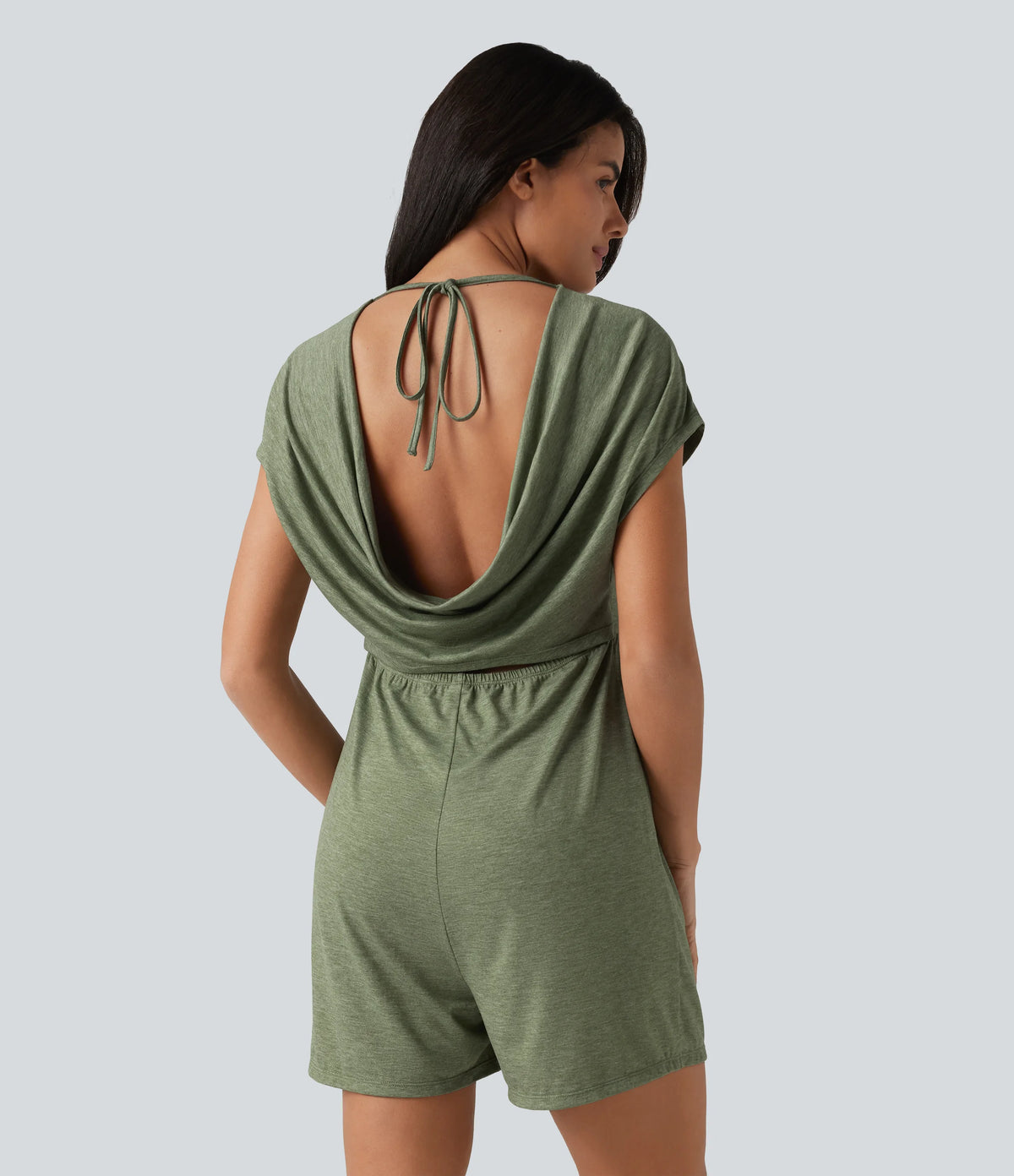 Cowl-back V-neck Cap Sleeve Heathered Casual Romper with Pockets-Easy Peezy