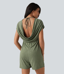 Cowl-back V-neck Cap Sleeve Heathered Casual Romper with Pockets-Easy Peezy