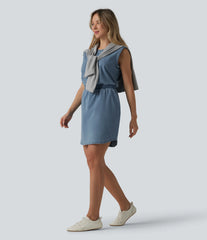Halara Flex™ Denim Round Neck Sleeveless Curved Hem Mini Casual Dress with Pockets