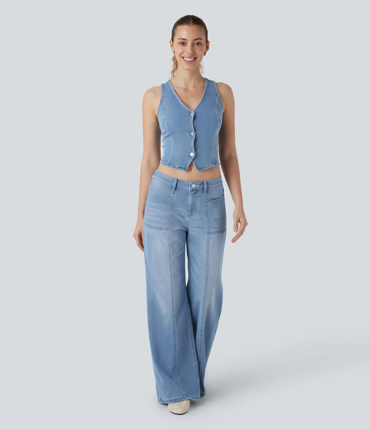 Halara Flex™ Low Rise Zipper Pockets Baggy Wide Leg Flare Washed Casual Jeans